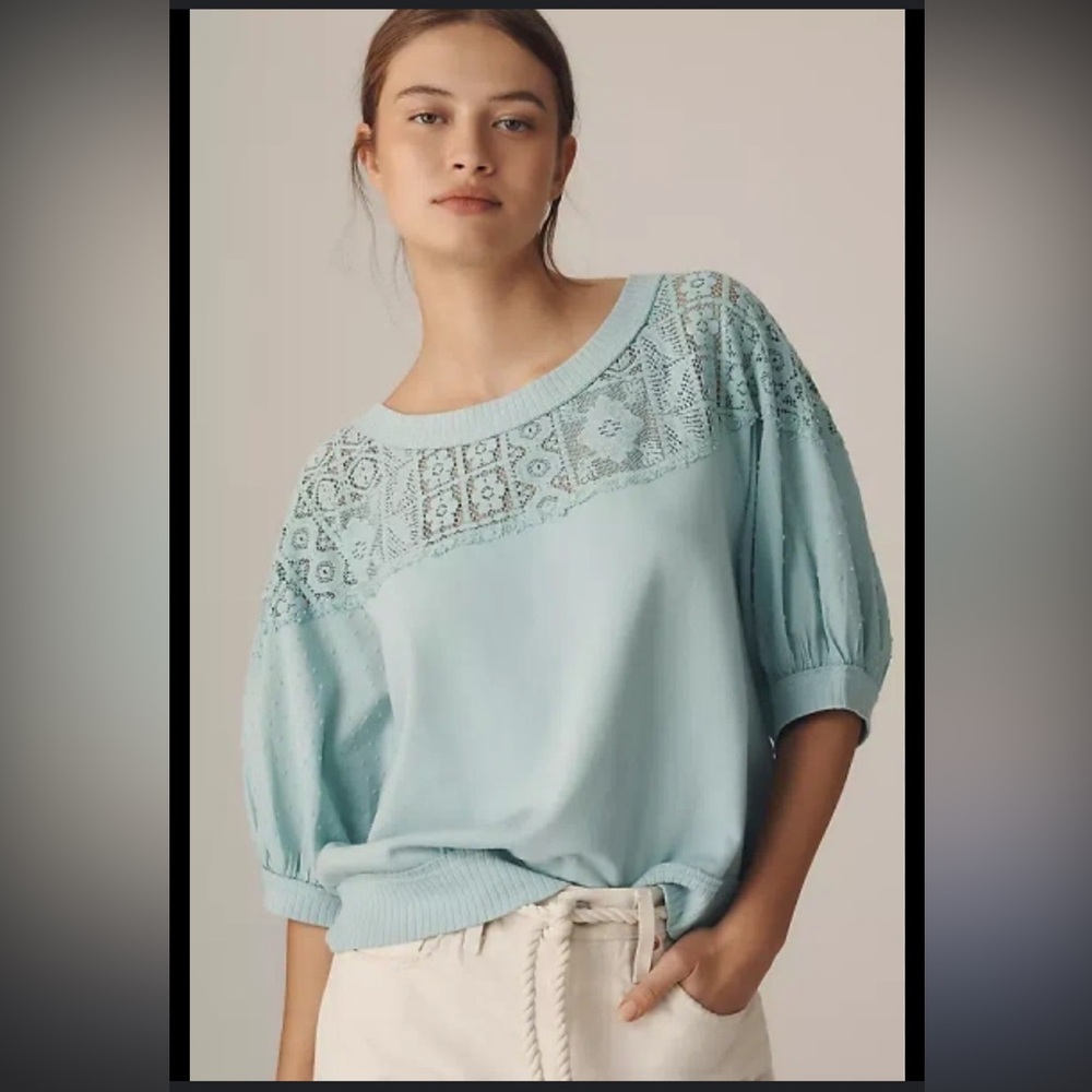 Pilcro Mixed Fabric Crew Neck Elbow Sleeve Top